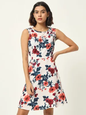 White Floral Print Sleeveless Dress