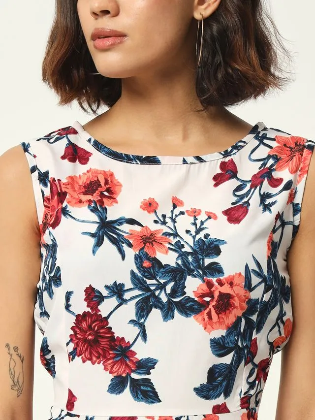 White Floral Print Sleeveless Dress