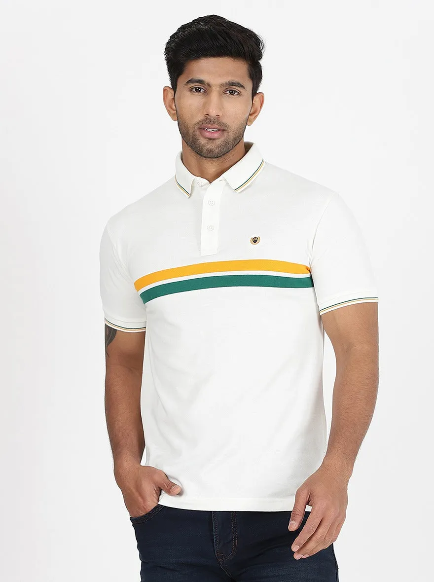 White Striped Slim Fit Polo T-Shirt | JadeBlue