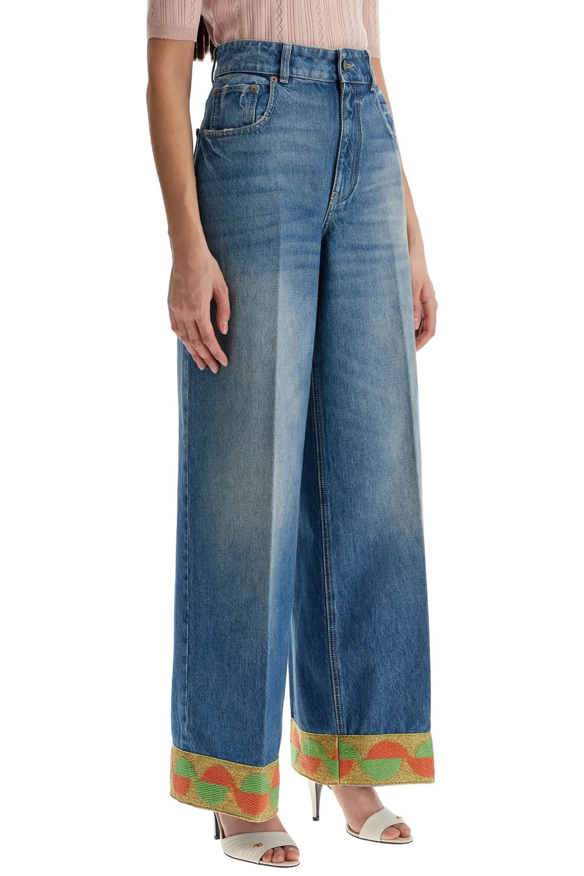 Wide Leg High Waist Jeans With Colorful Trim In Medium Blue