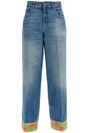 Wide Leg High Waist Jeans With Colorful Trim In Medium Blue