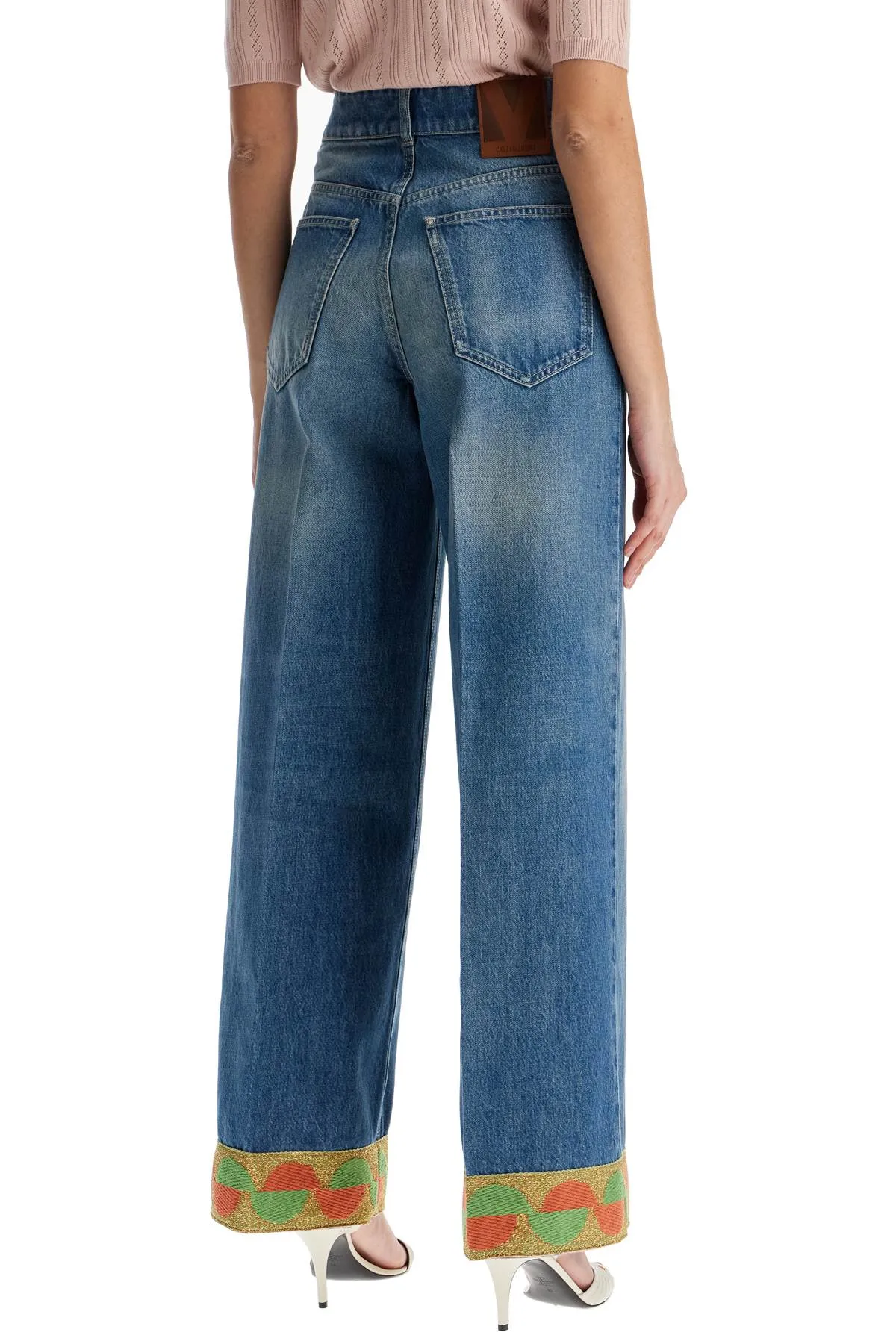 Wide Leg High Waist Jeans With Colorful Trim In Medium Blue