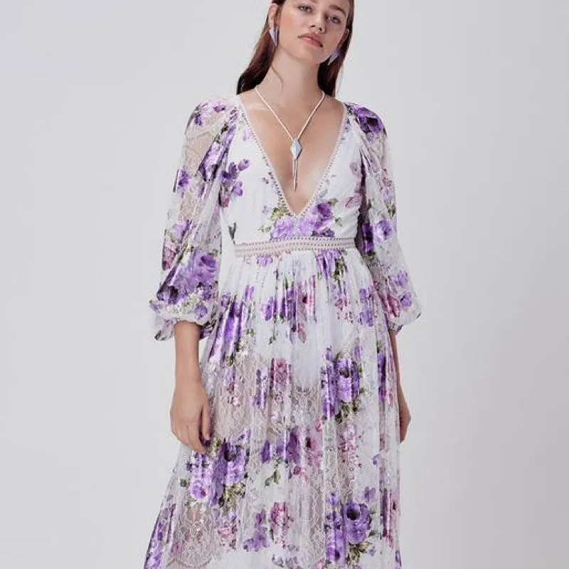 Wild Flower Foil Lace Maxi Dress Lavender - S - M