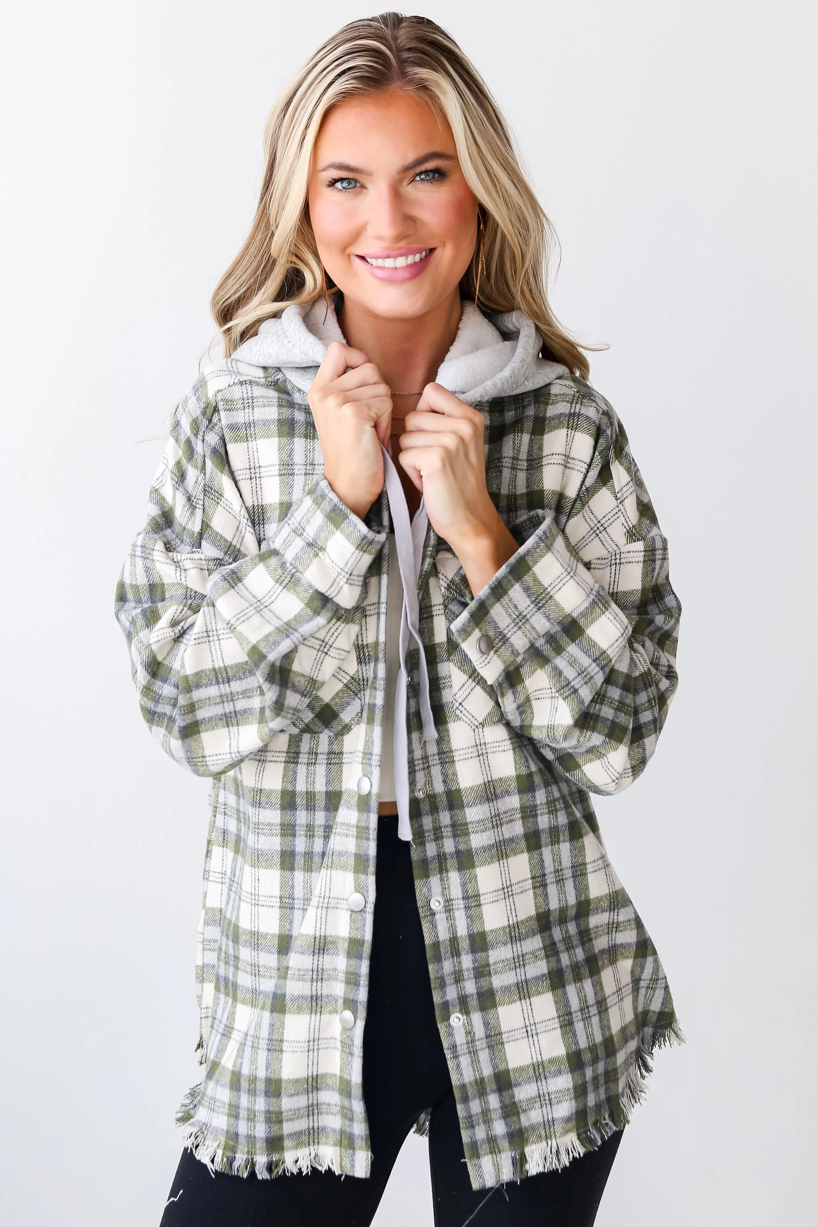 Wintery Behavior Olive Plaid Hooded Shacket