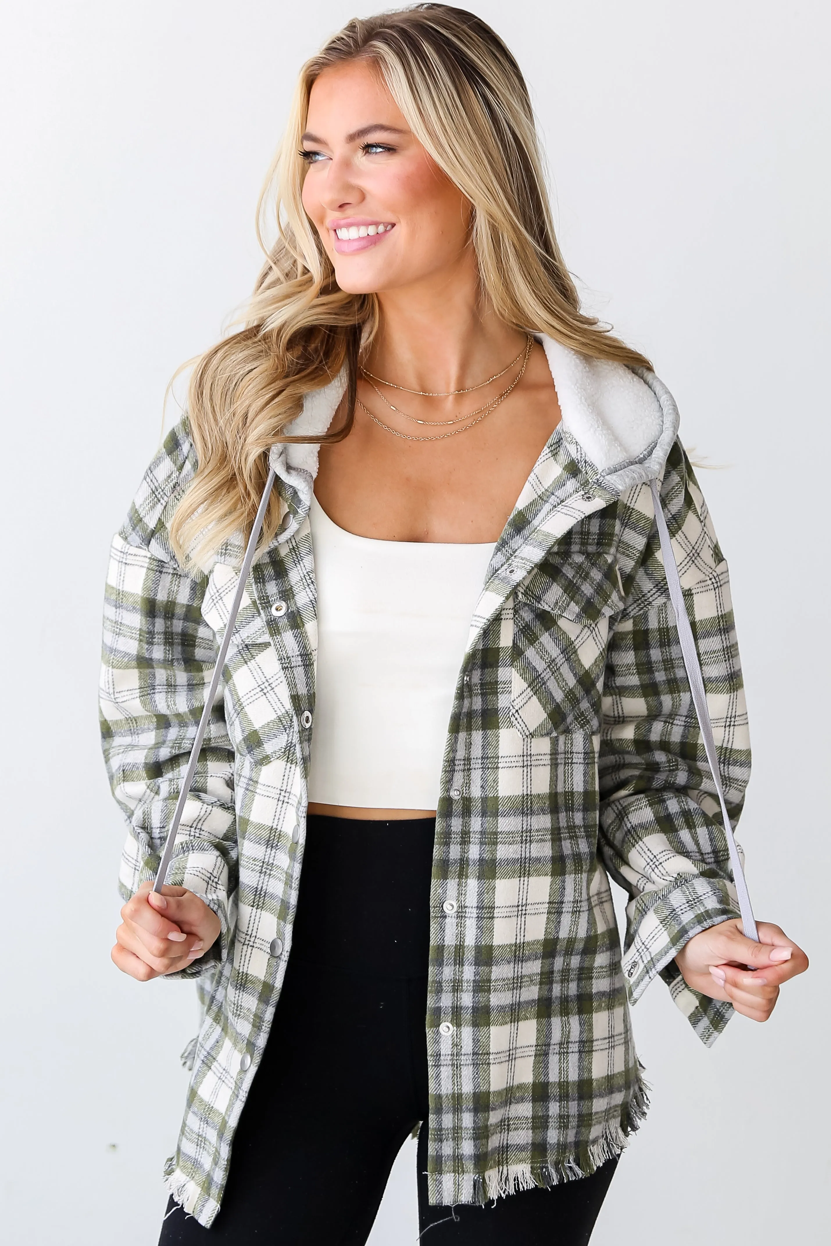 Wintery Behavior Olive Plaid Hooded Shacket