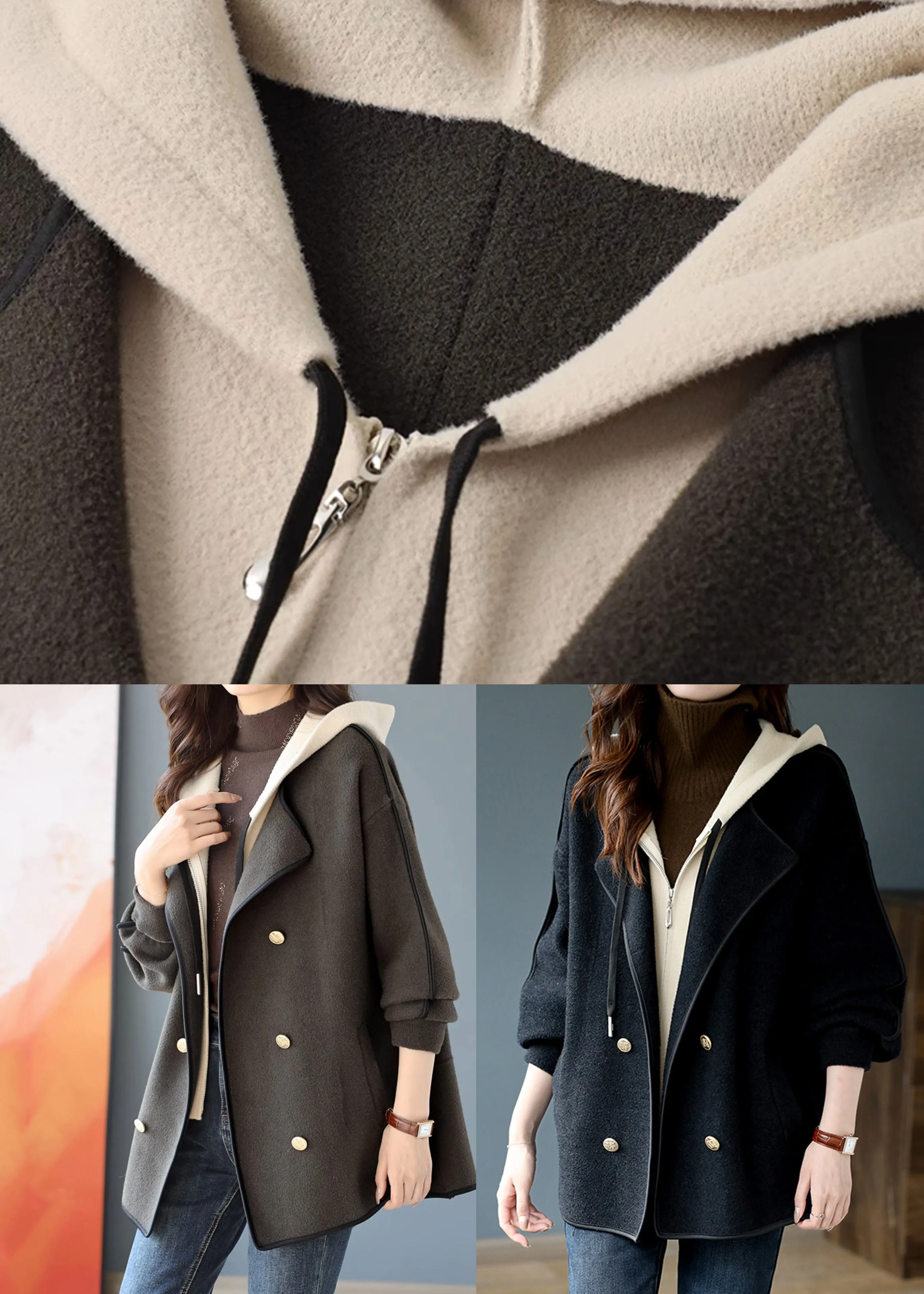 Women Black False Two Pieces Patchwork Woolen Hooded Coat Winter RS022