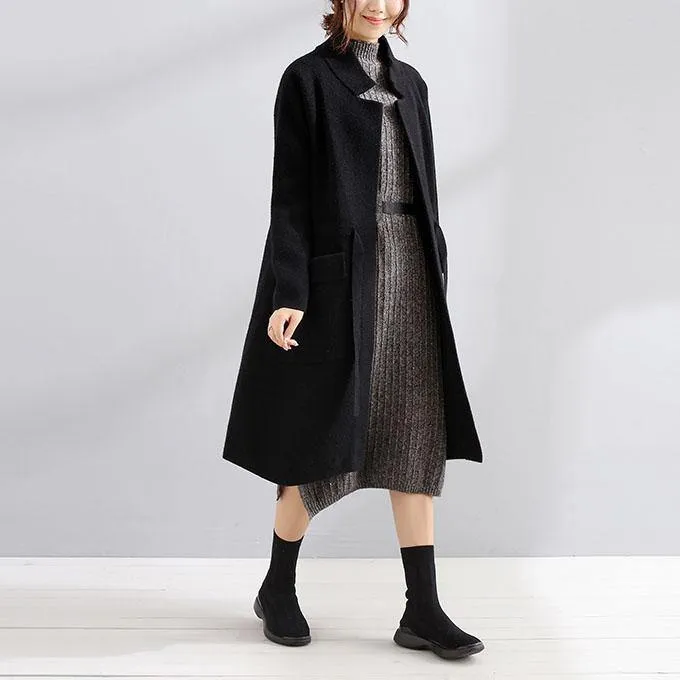 women black wool coat plus size trench coat fall Square Collar tie waist