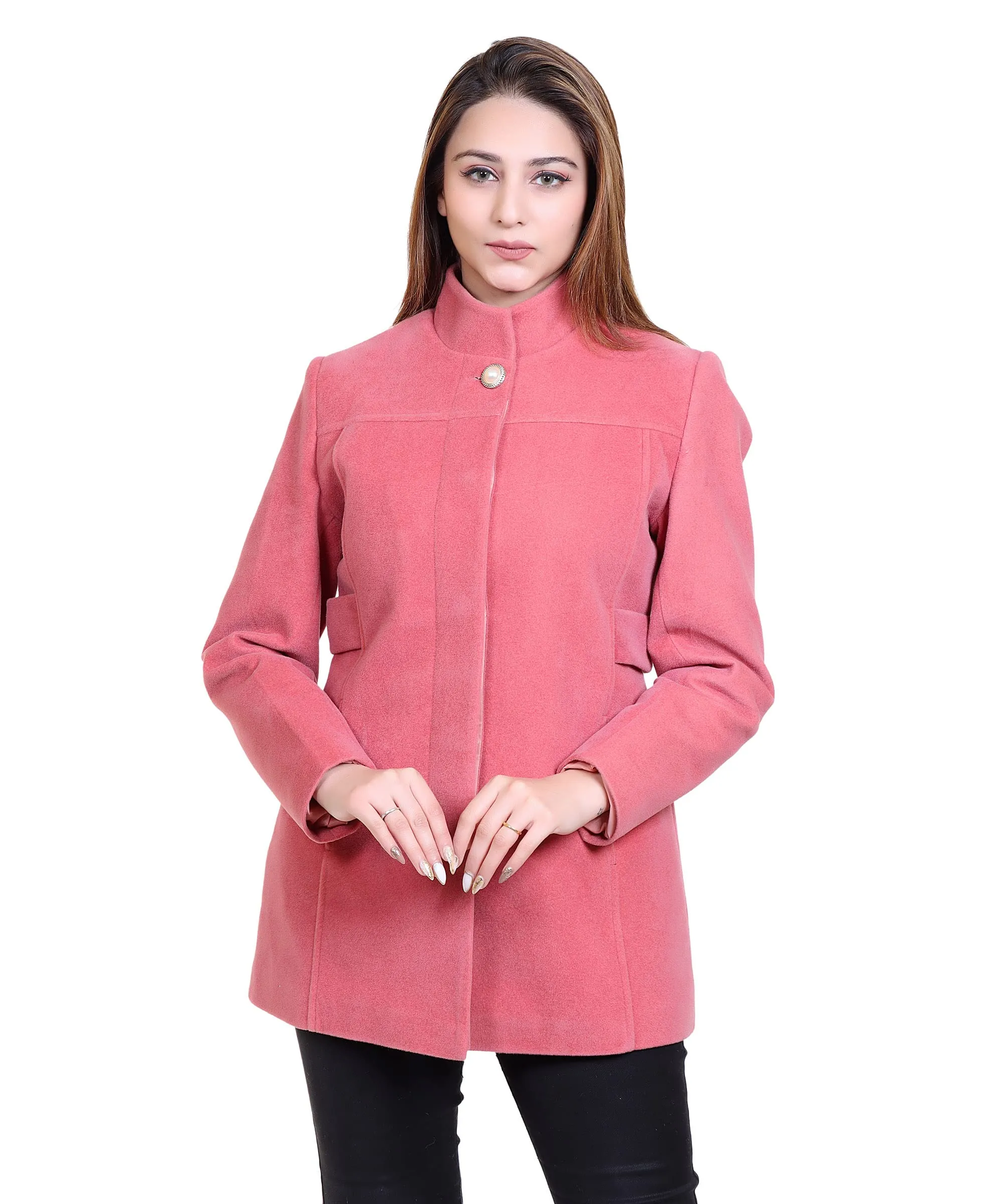 Women Casual Wool Blend Standard Length Full Sleeve High Collared Coat