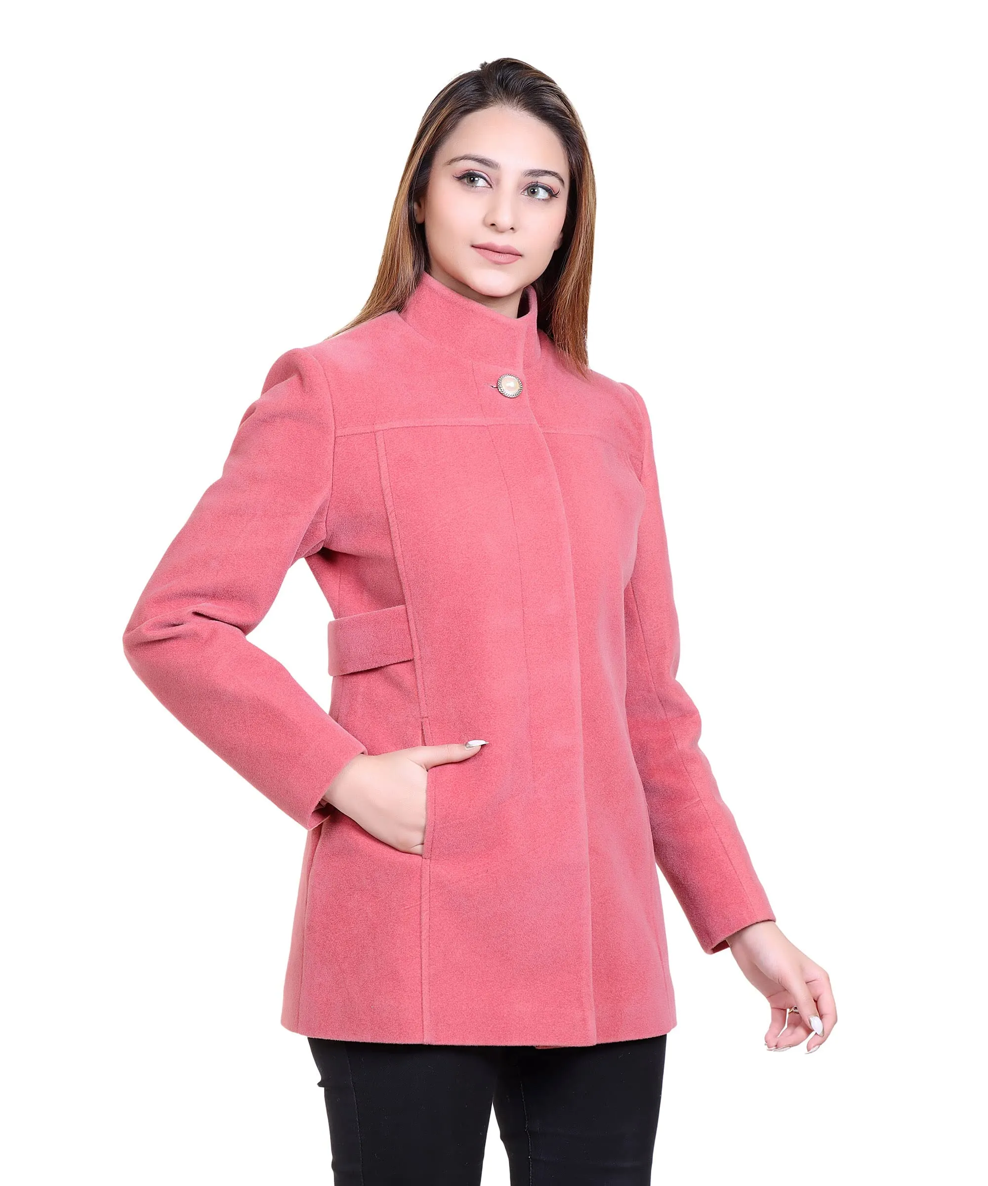 Women Casual Wool Blend Standard Length Full Sleeve High Collared Coat