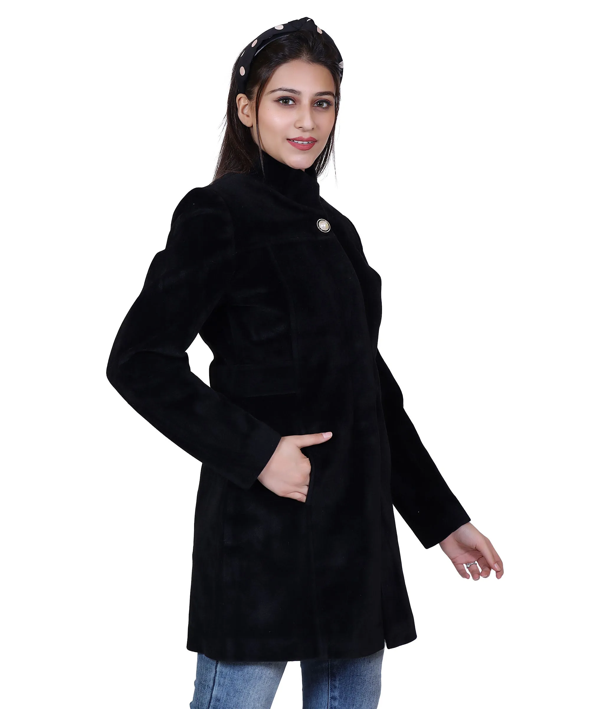 Women Casual Wool Blend Standard Length Full Sleeve High Collared Coat