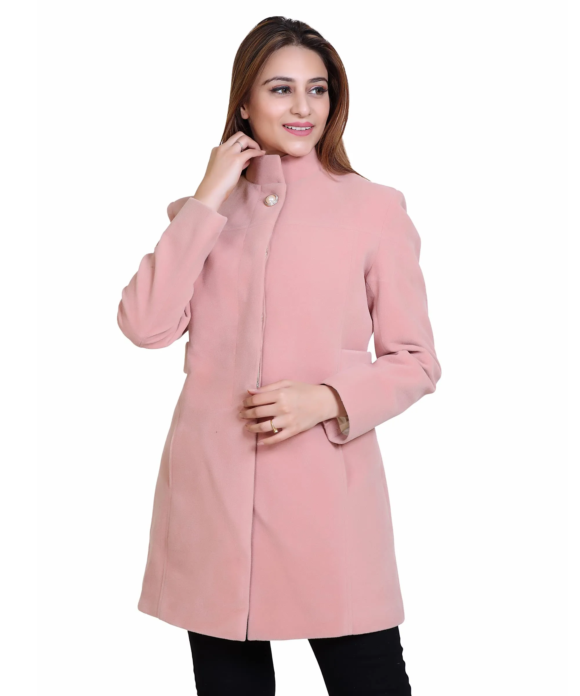 Women Casual Wool Blend Standard Length Full Sleeve High Collared Coat