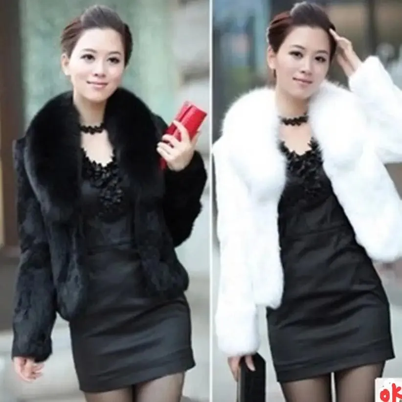 Women Tops Fashion Slim Soft Fox Fur Collar Rabbit Fur Coat Jacket