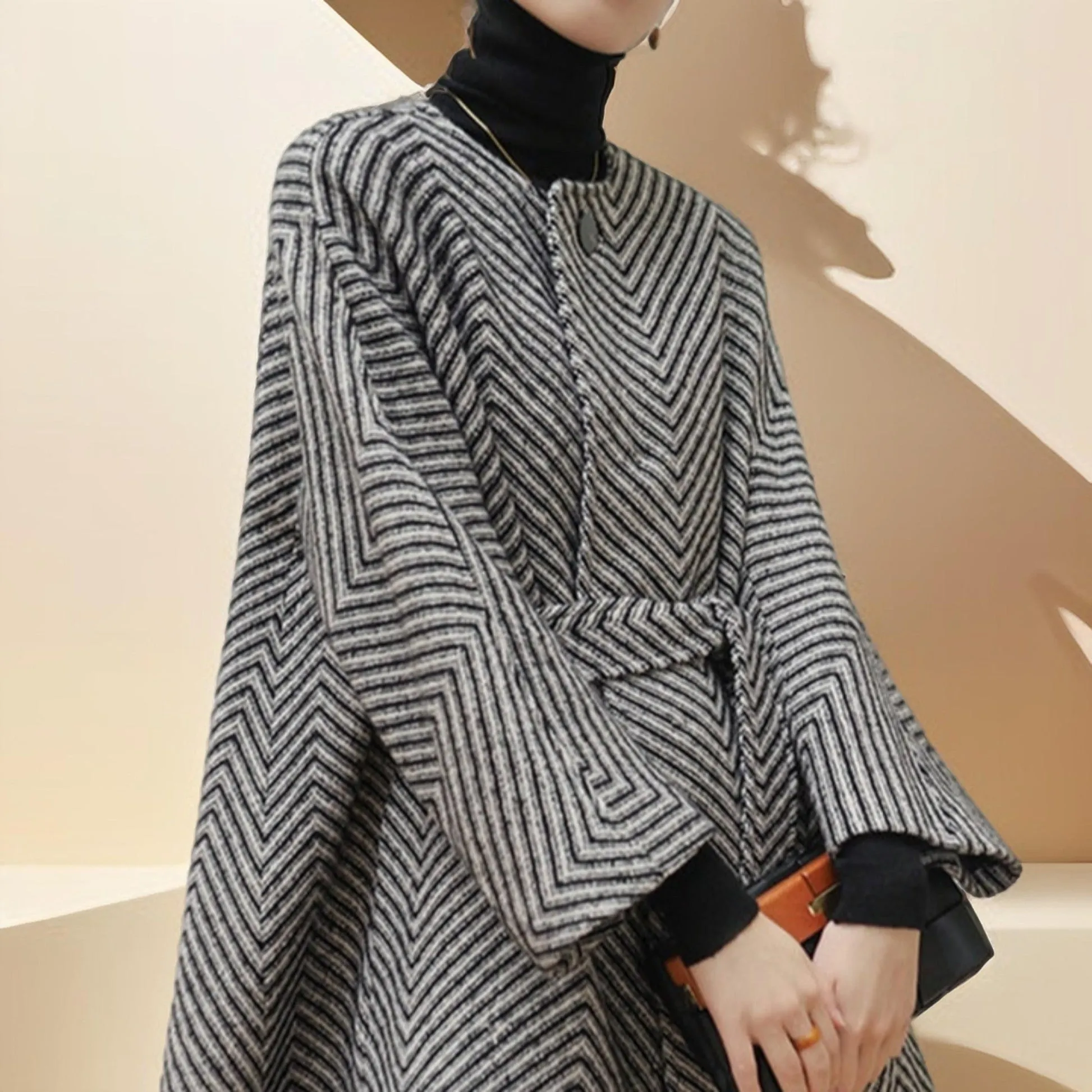 Women's Black and White Zig Zag  Wool Coat