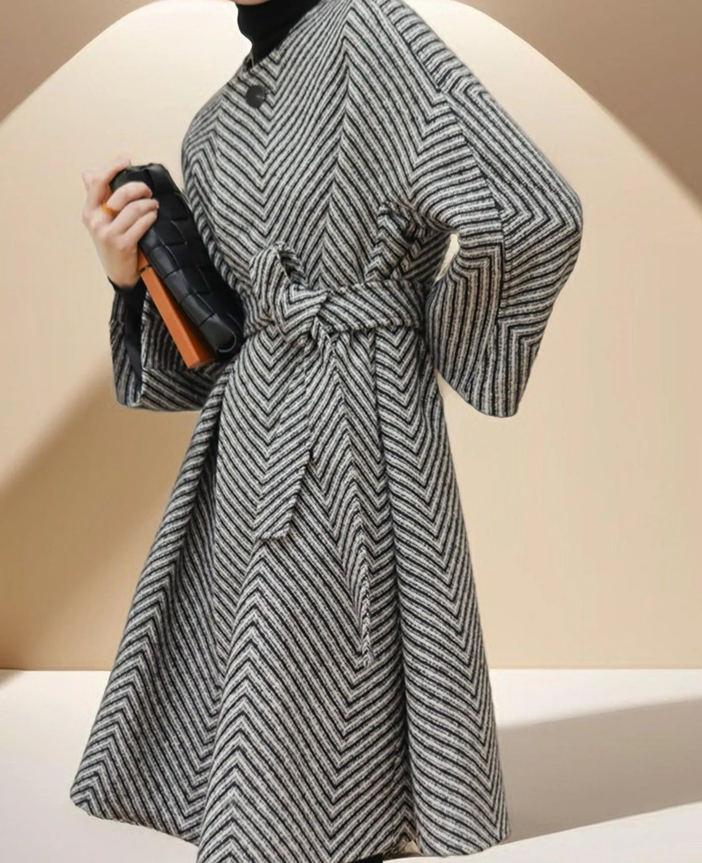 Women's Black and White Zig Zag  Wool Coat