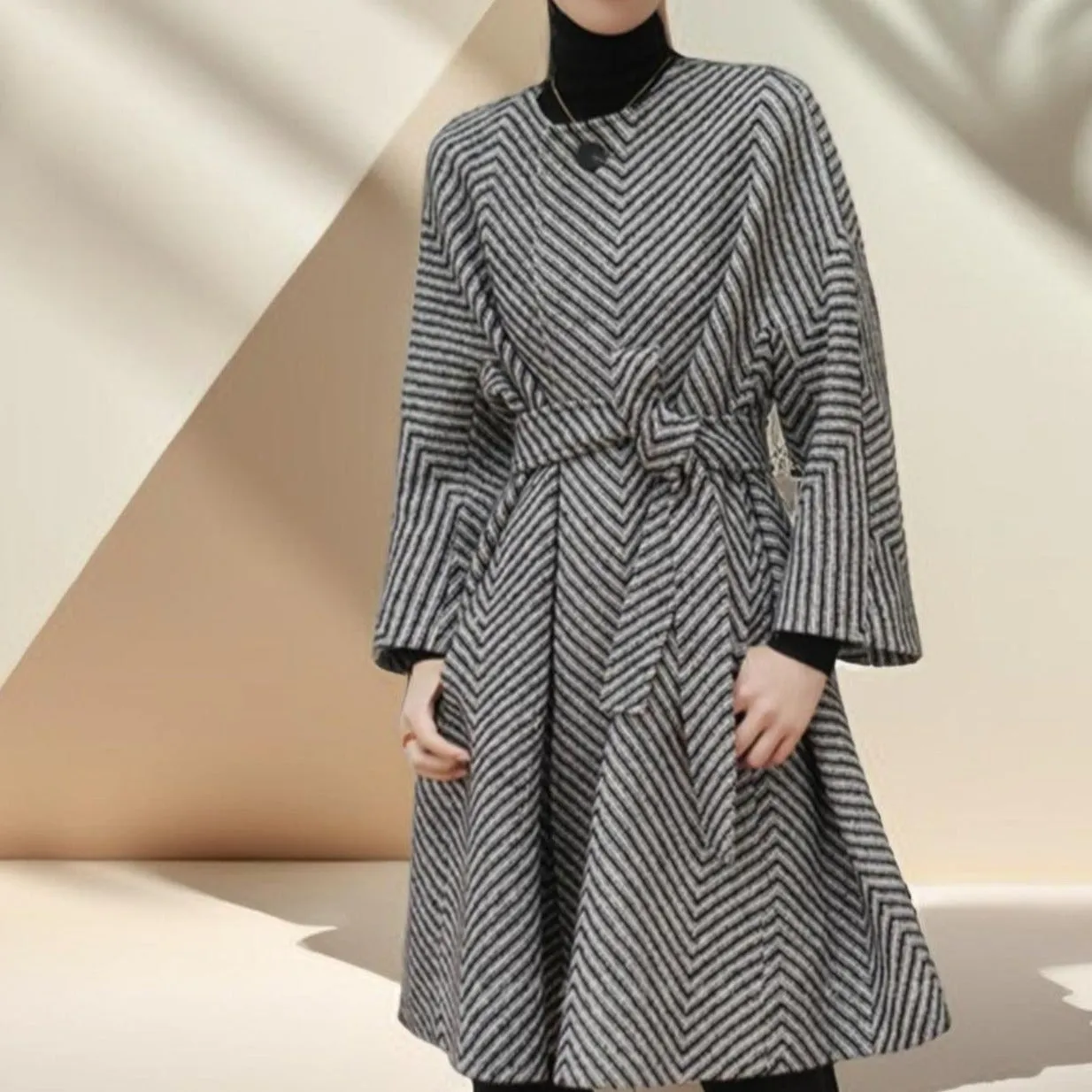 Women's Black and White Zig Zag  Wool Coat