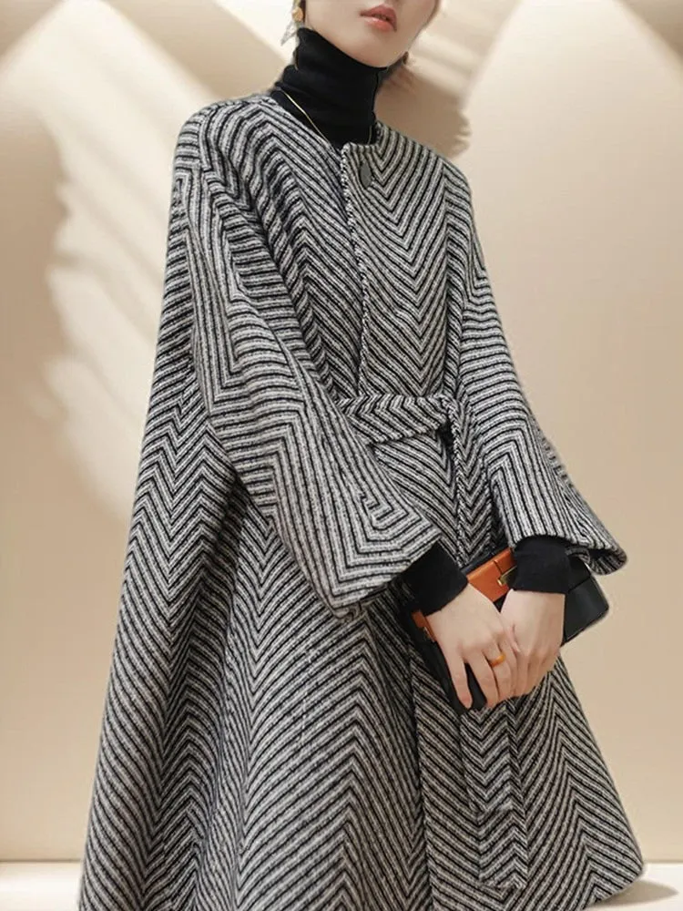 Women's Black and White Zig Zag  Wool Coat