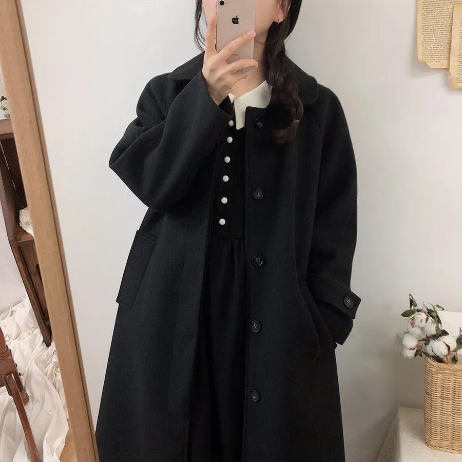 Women‘s Coat Winter Korean Fashion Long Coated Thickened Woolen Winter Coat for Women Black Coat Harajuku