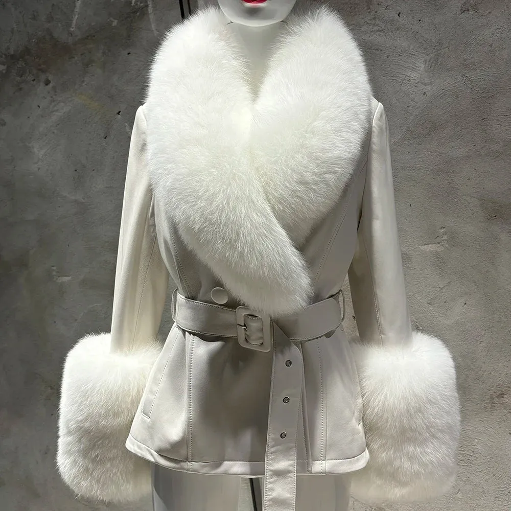 Women's Luxury Leather Coat with Genuine Fox Fur Collar