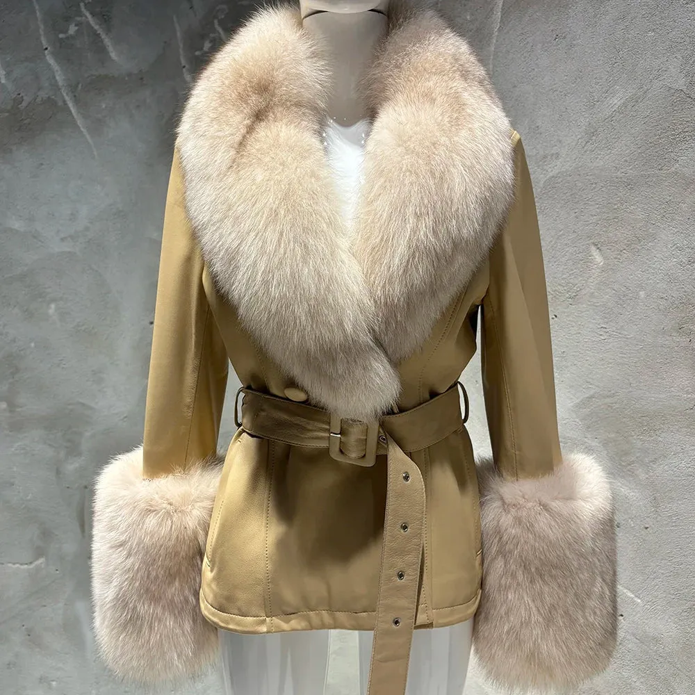 Women's Luxury Leather Coat with Genuine Fox Fur Collar