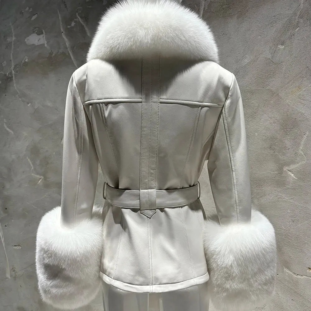 Women's Luxury Leather Coat with Genuine Fox Fur Collar