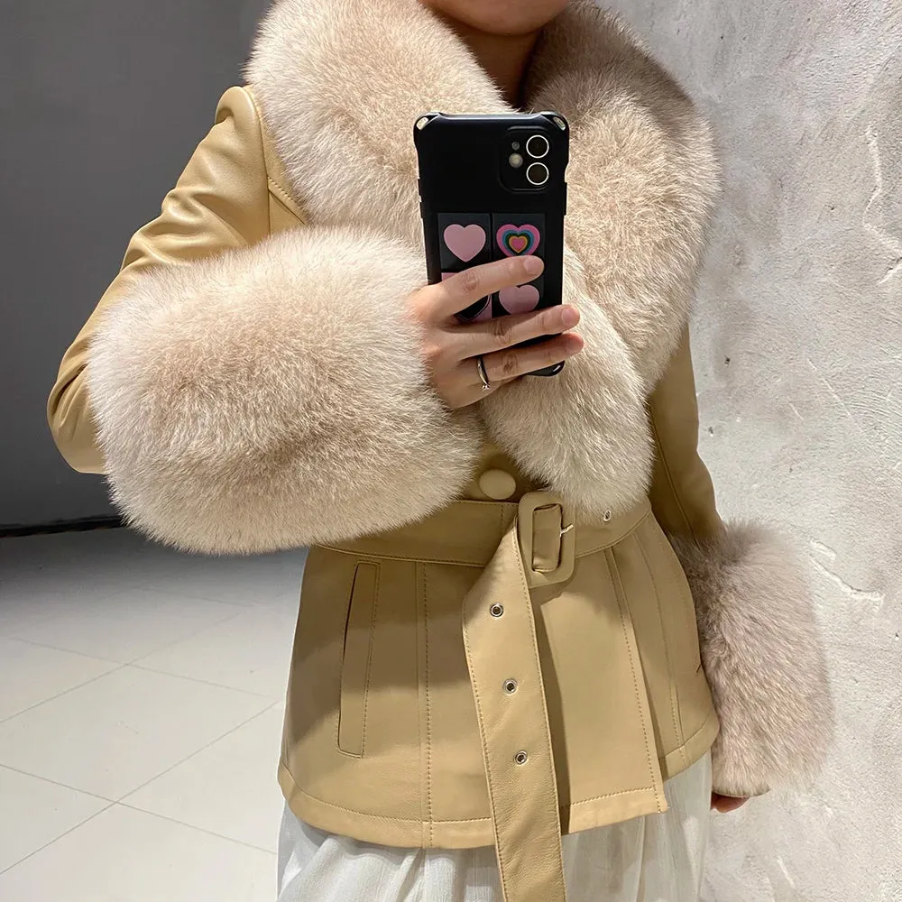 Women's Luxury Leather Coat with Genuine Fox Fur Collar