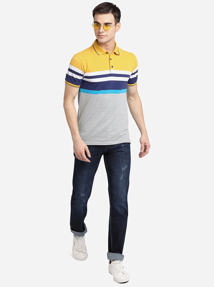 Yellow & Grey Striped Slim Fit Polo T-Shirt | JadeBlue