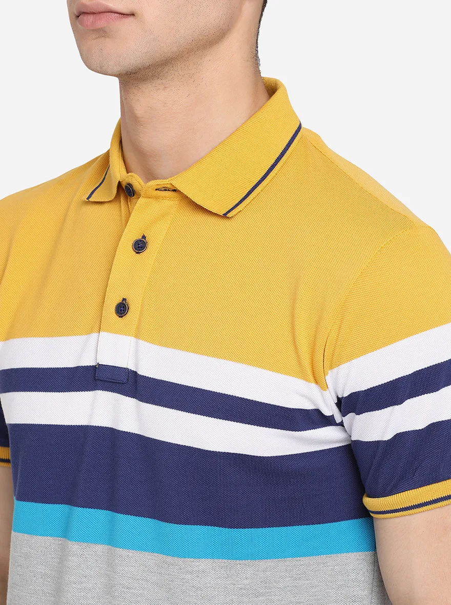 Yellow & Grey Striped Slim Fit Polo T-Shirt | JadeBlue