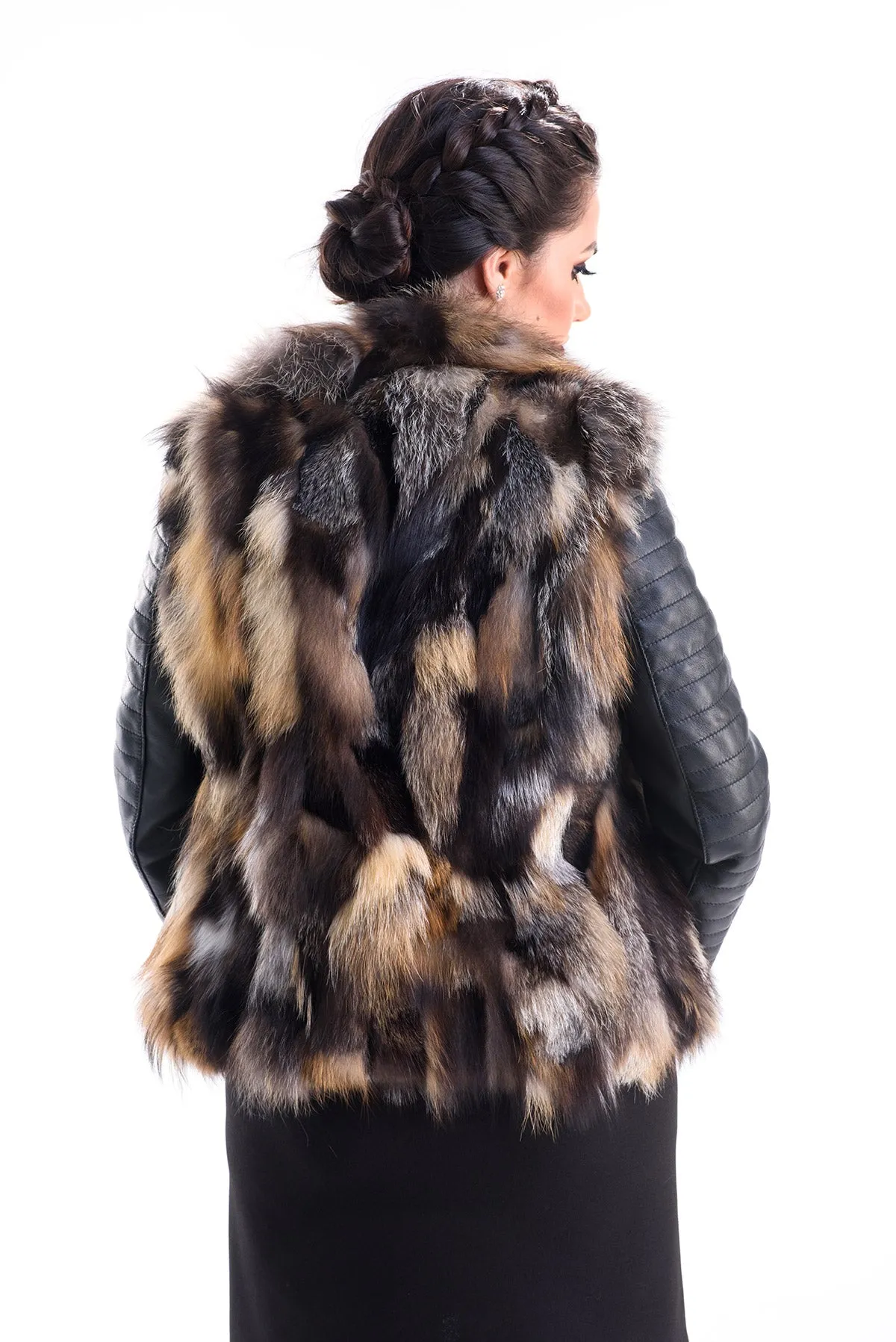 Yellow Silver Genuine Arctic Fox Fur Lamb Nappa Leather Jacket