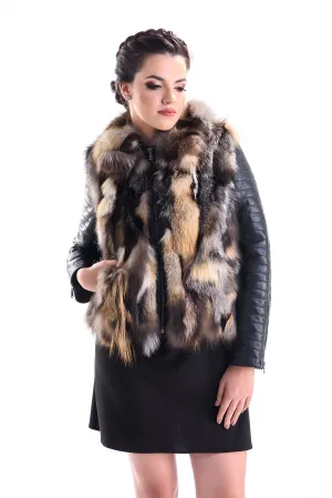 Yellow Silver Genuine Arctic Fox Fur Lamb Nappa Leather Jacket