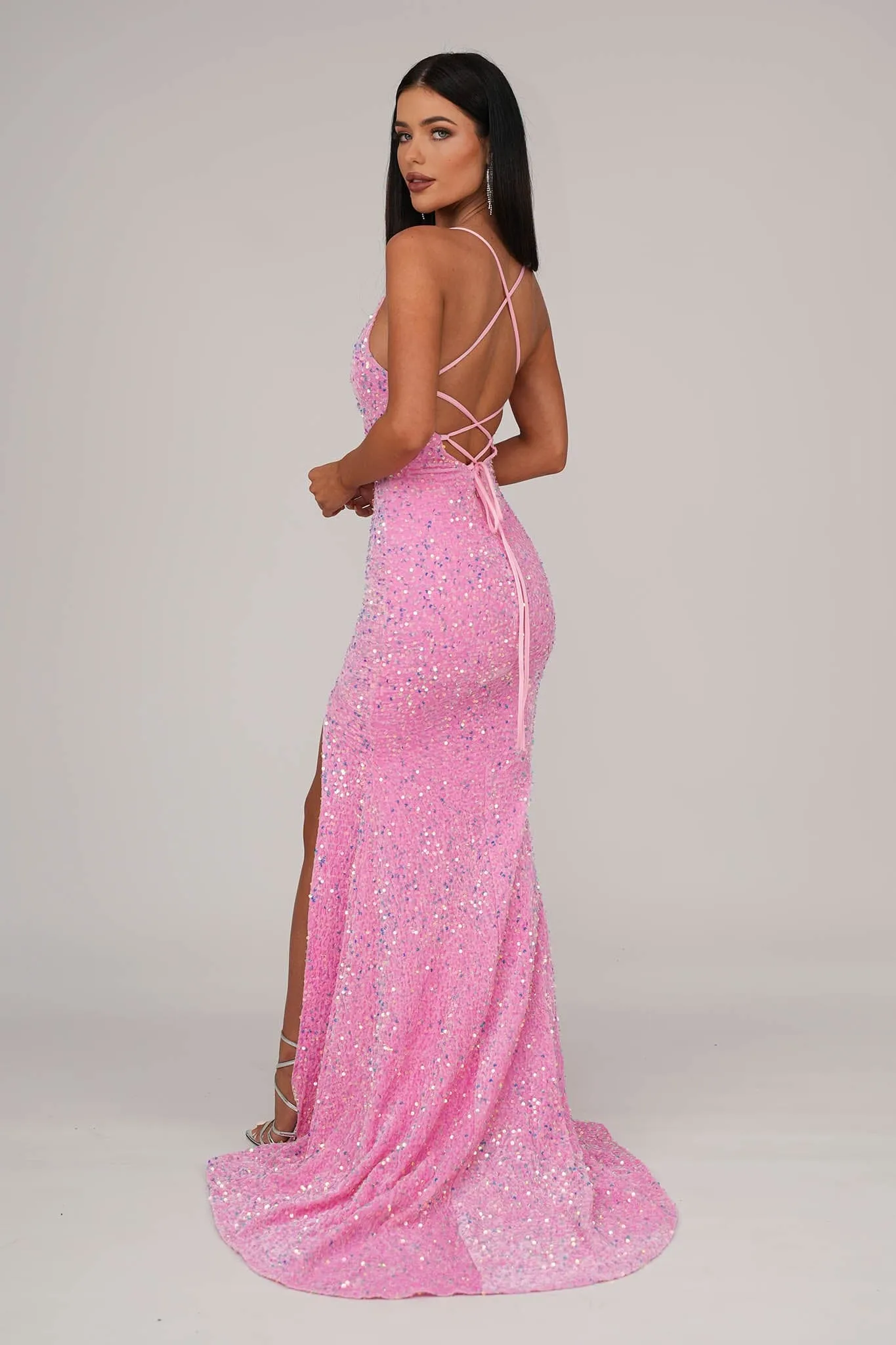 Zelda Side Slit Velvet Sequin Gown - Pink