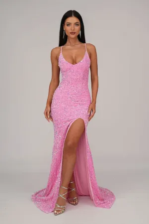 Zelda Side Slit Velvet Sequin Gown - Pink