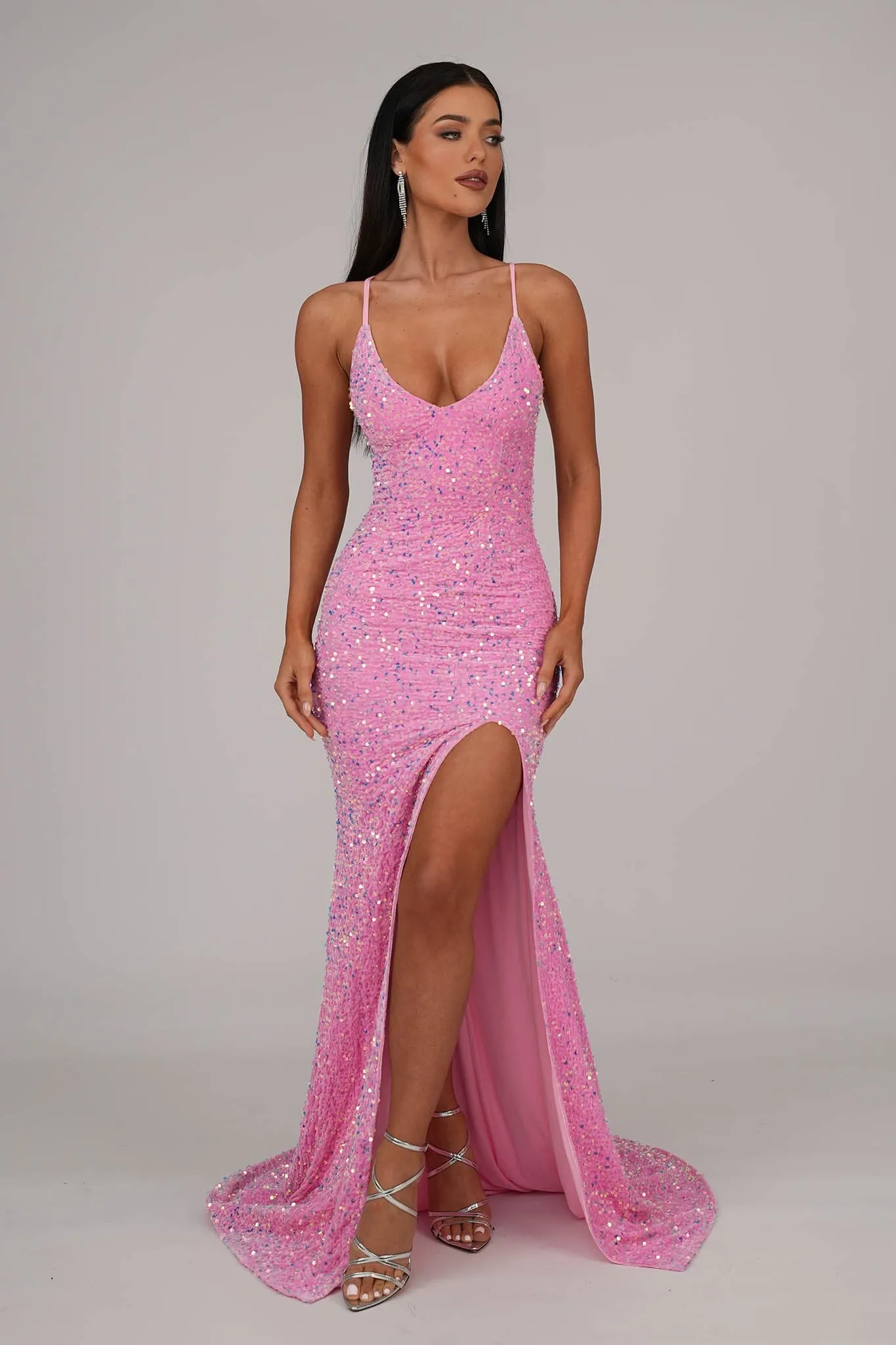 Zelda Side Slit Velvet Sequin Gown - Pink